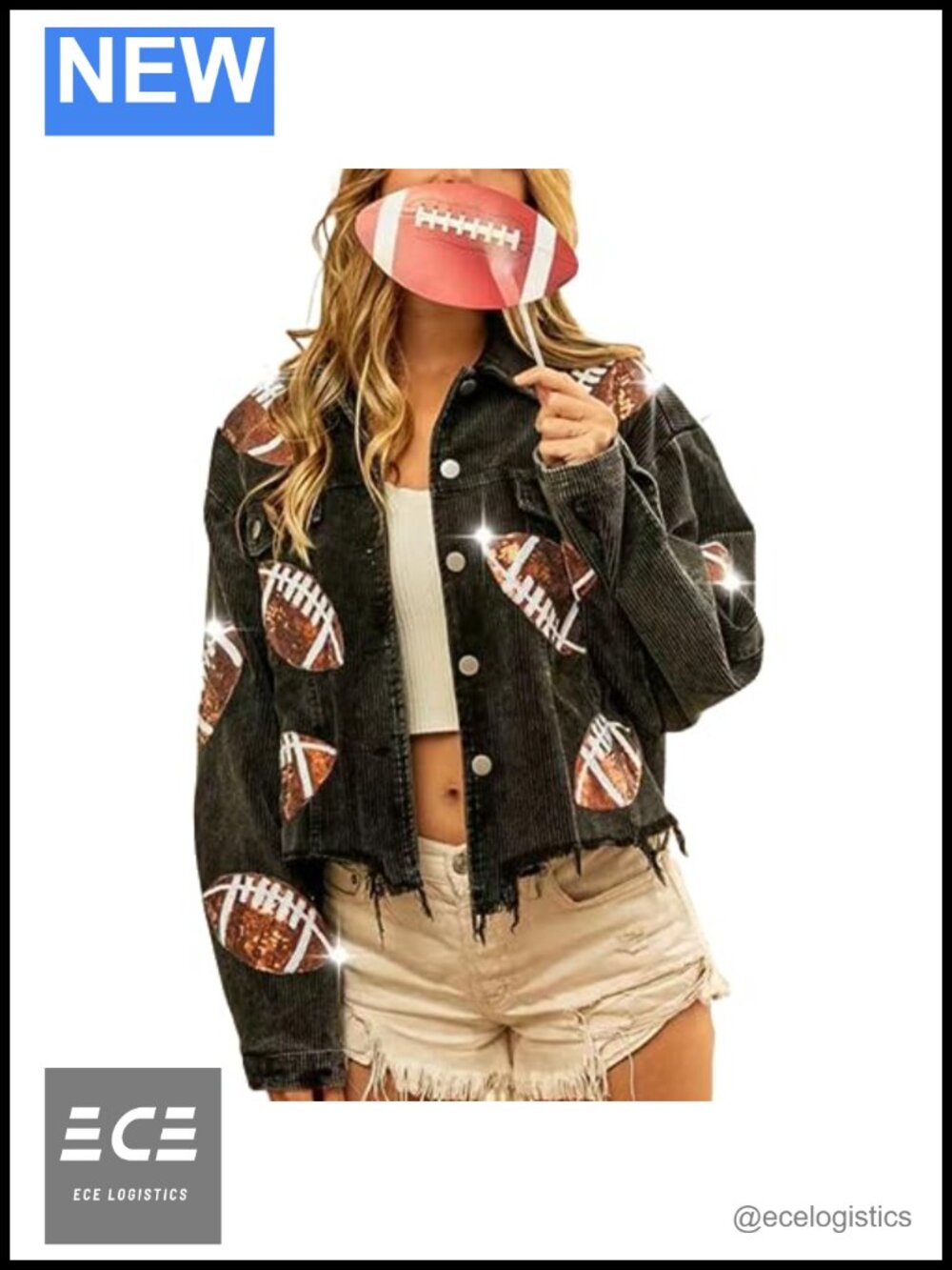 Cropped Corduroy Football Jacket Sequin Rugby Patched Shacket Frayed Hem